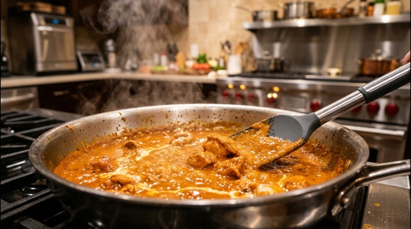 A final view of butter chicken served in a white bowl with naan bread