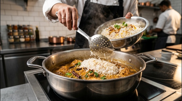 Layering fluffy white rice over the spiced chicken in a large metal pot