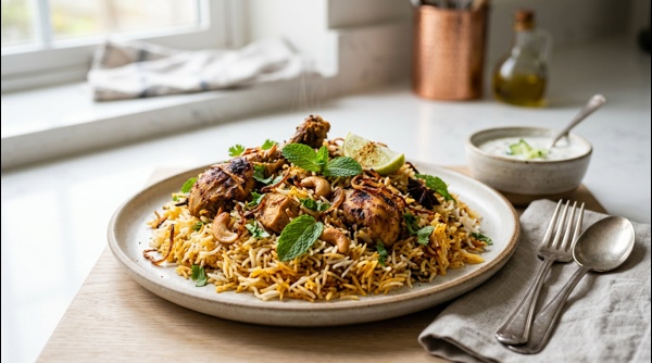 A professional plating of restaurant style chicken biryani with saffron rice and tender chicken