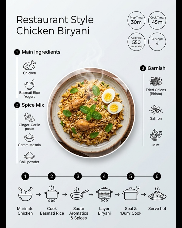 A professional plating of restaurant style chicken biryani with saffron rice and tender chicken