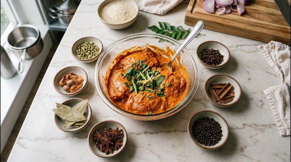Marinated chicken in a glass bowl with fresh spices and herbs nearby