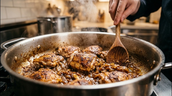 A steaming bowl of chicken curry served with a side of basmati rice on a clean table