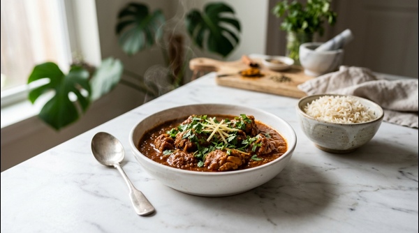 A premium bowl of traditional chicken curry garnished with fresh cilantro on a marble countertop