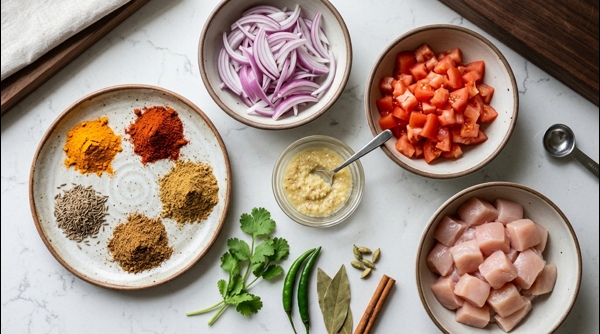 Chopped onions, tomatoes, and fresh spices arranged neatly on a modern kitchen counter
