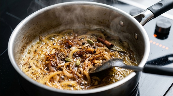 A steaming plate of chicken pulao garnished with mint and fried onions
