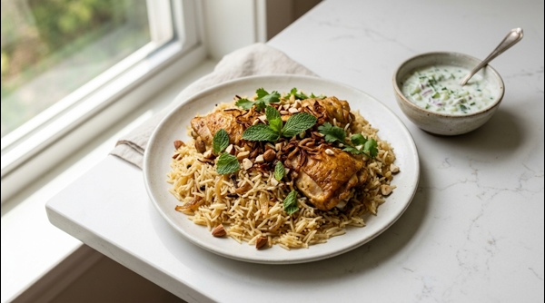 Restaurant style chicken pulao served on a white plate with mint garnish