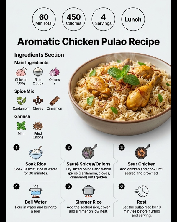 Restaurant style chicken pulao served on a white plate with mint garnish