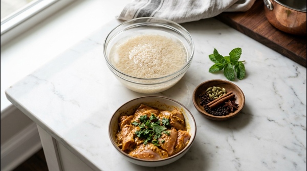 Bowl of soaked long grain rice and marinated chicken pieces on a marble counter