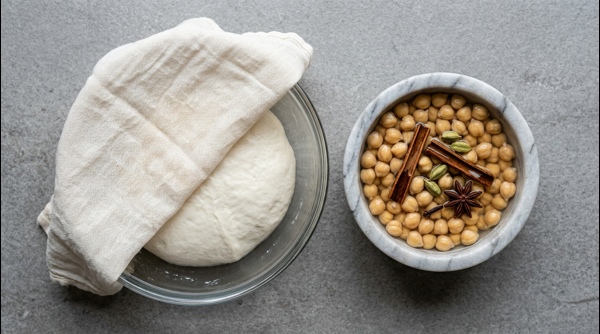A smooth ball of bhatura dough resting in a modern glass bowl