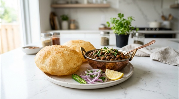 A plate of dark spicy chole served with two large fluffy bhature and onion rings