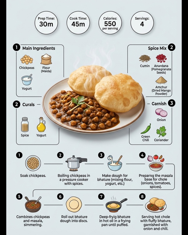 A plate of dark spicy chole served with two large fluffy bhature and onion rings
