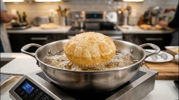 A bhatura puffing up perfectly in a modern deep frying pan with golden oil