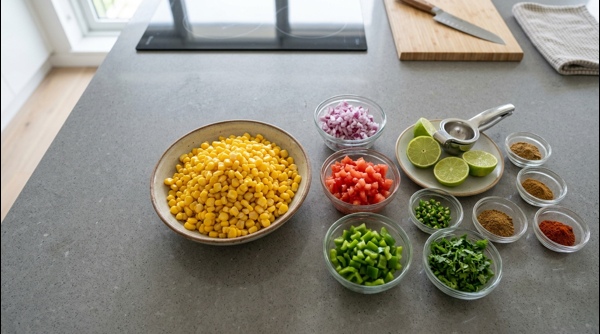 Sautéing sweet corn kernels in butter inside a modern non-stick pan