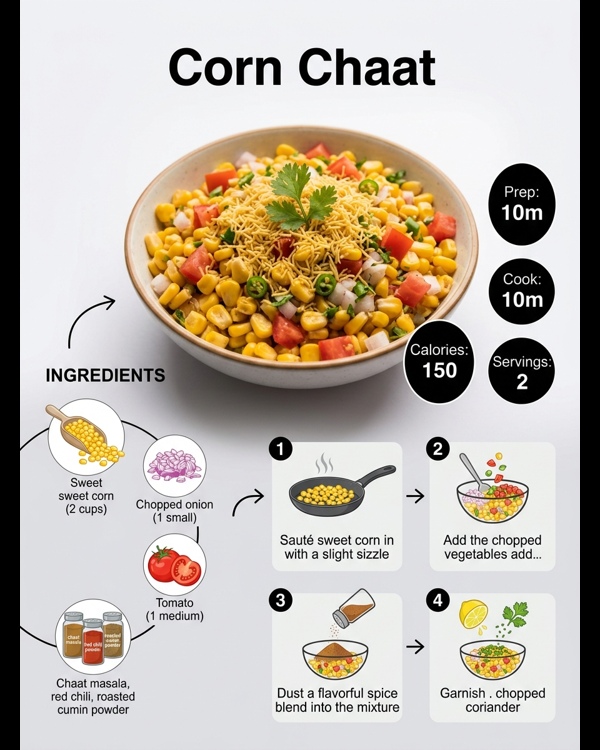 A vibrant bowl of spicy corn chaat topped with fresh coriander and lemon