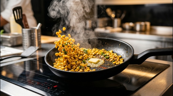 Adding fresh coriander and sev to a bowl of spicy corn chaat