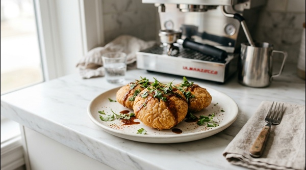 A plate of golden brown crispy kachoris served with green chutney and sweet tamarind sauce on a white marble counter