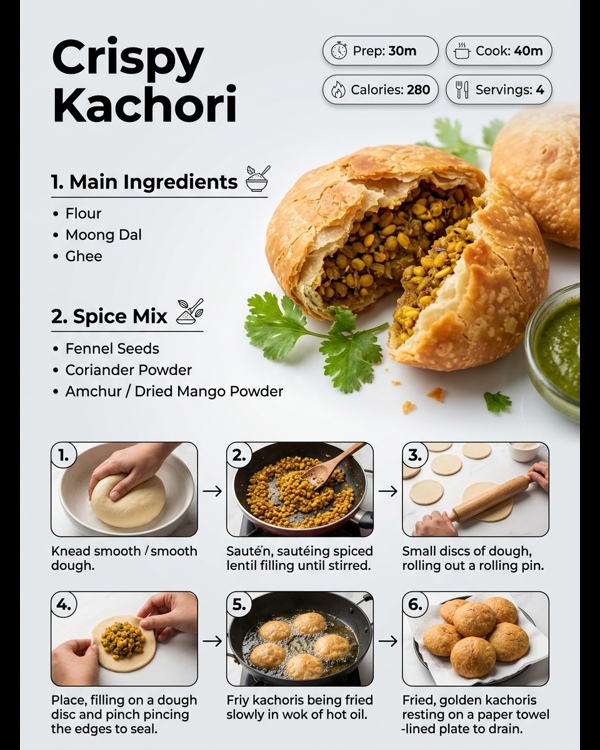 A plate of golden brown crispy kachoris served with green chutney and sweet tamarind sauce on a white marble counter