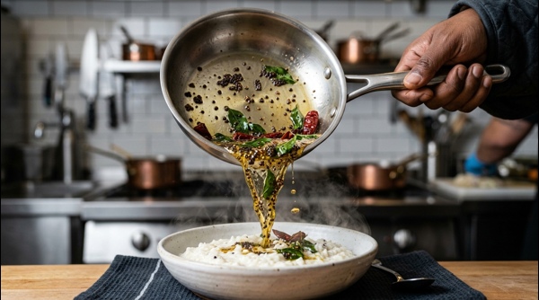 Final plated curd rice with colorful garnishes in a white ceramic bowl