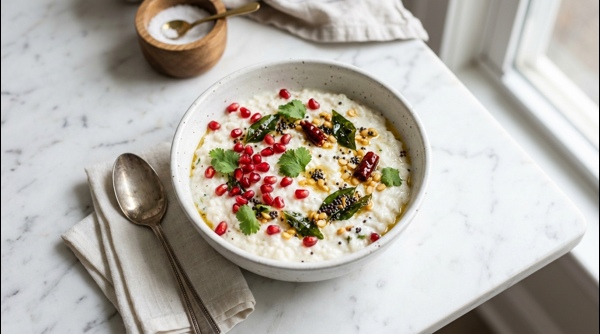 Creamy Grandma style curd rice with pomegranate and tempering