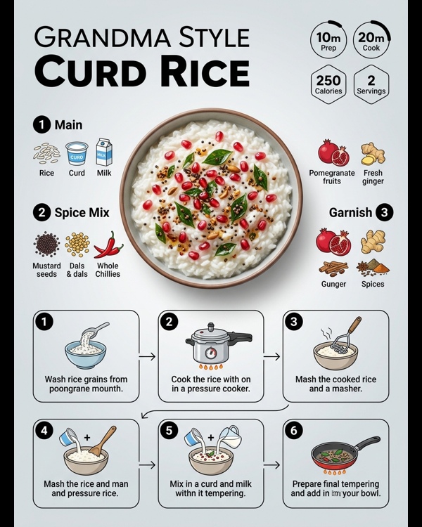 Creamy Grandma style curd rice with pomegranate and tempering