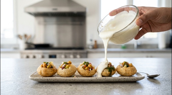 Finished plate of dahi puri garnished with sev and pomegranate seeds