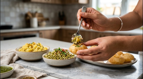 Preparing the potato filling and whisked yogurt for dahi puri