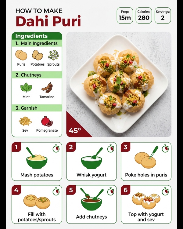 A beautiful plate of crunchy Dahi Puri topped with thick yogurt and colorful chutneys