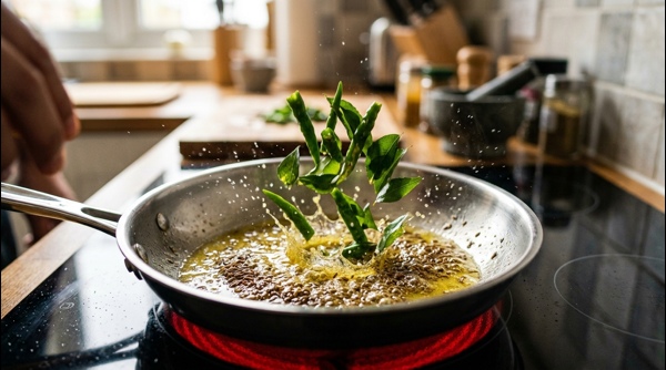 Aromatic tempering being poured over thick yellow dal in a modern pan