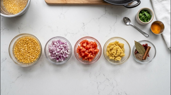 Freshly chopped onions, tomatoes, and soaked yellow lentils on a clean kitchen counter