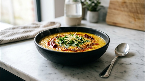 A steaming bowl of restaurant style Dal Fry topped with fresh coriander and ghee