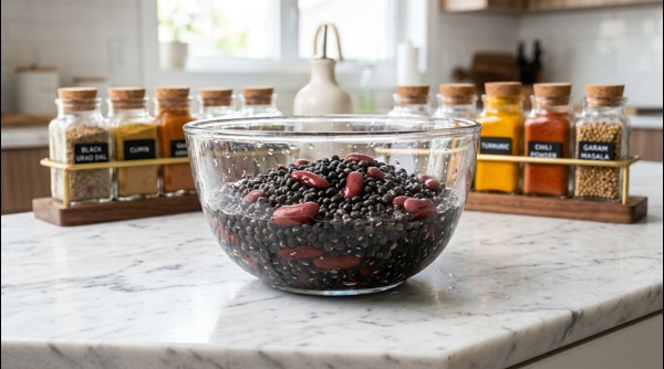Soaked black urad dal and kidney beans in a glass bowl on a white marble countertop