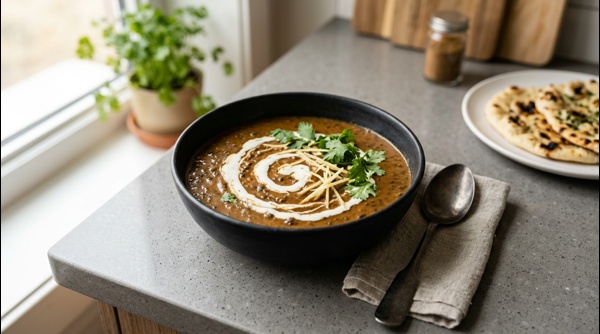 Creamy restaurant style Dal Makhani served in a black ceramic bowl with a swirl of fresh cream and ginger juliennes