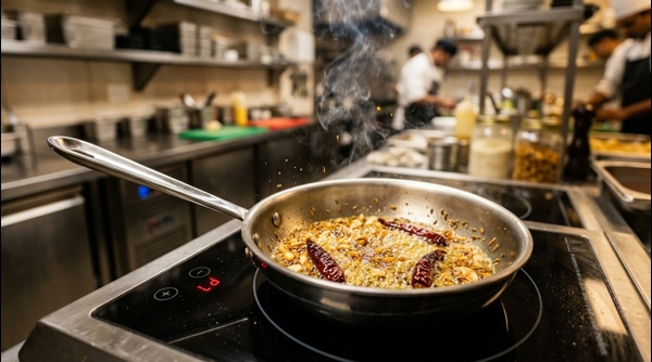 A final bowl of Dal Tadka with the red chili tempering visible on top, styled in a professional kitchen