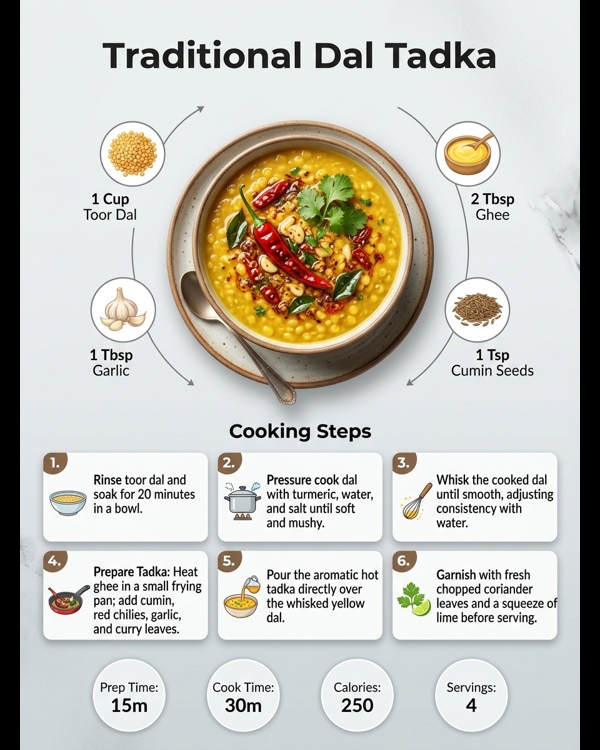 Traditional style Dal Tadka served in a copper bowl with a swirl of cream and fresh coriander