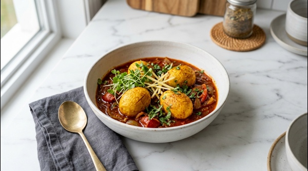 Delicious restaurant style egg curry served in a white ceramic bowl with fresh cilantro garnish Delicious restaurant style egg curry served in a white ceramic bowl with fresh cilantro garnish