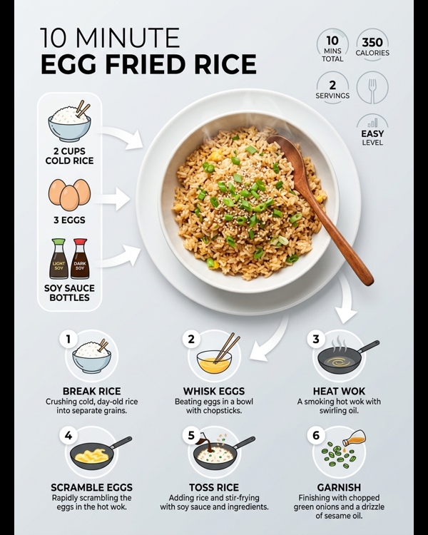 A steaming bowl of restaurant-style egg fried rice garnished with fresh spring onions on a white marble surface