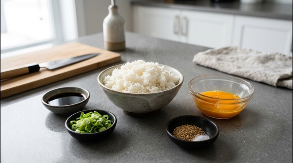 Close up of whisked eggs in a modern bowl and chilled white rice grains on a stone counter