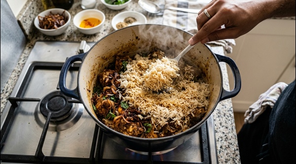 A plated serving of Hyderabadi Biryani with long grains of rice and garnish