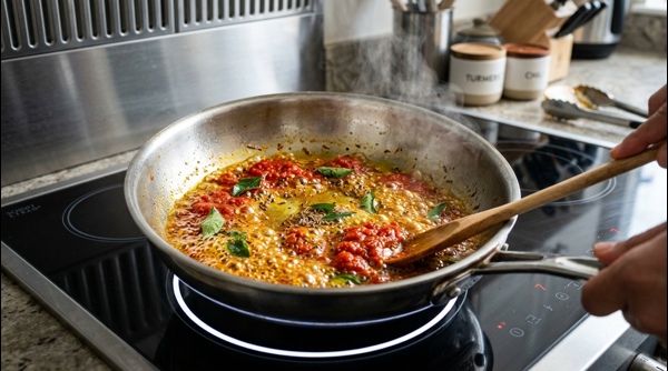 The final village style fish curry served in a modern bowl with steam rising The final village style fish curry served in a modern bowl with steam rising
