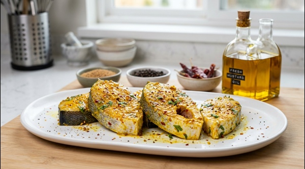 Marinated fish pieces with turmeric and salt on a clean white marble counter Marinated fish pieces with turmeric and salt on a clean white marble counter