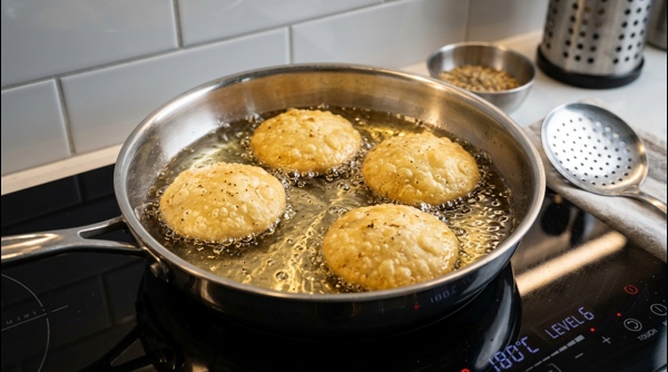 Several golden brown kachoris deep frying in a modern steel kadai with light bubbles