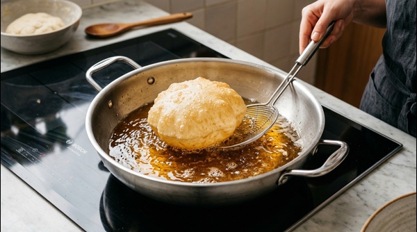 Golden poori puffing up in a modern deep frying pan with hot oil Golden poori puffing up in a modern deep frying pan with hot oil