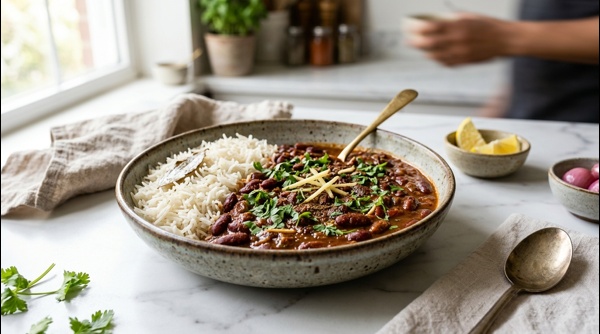 A steaming bowl of Grandma Style Rajma Chawal served with long grain basmati rice and pickled onions