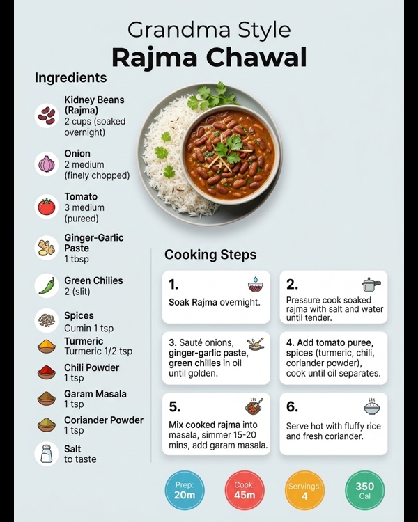 A steaming bowl of Grandma Style Rajma Chawal served with long grain basmati rice and pickled onions