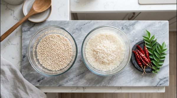 A modern stone grinder processing white urad dal into a smooth fluffy batter A modern stone grinder processing white urad dal into a smooth fluffy batter