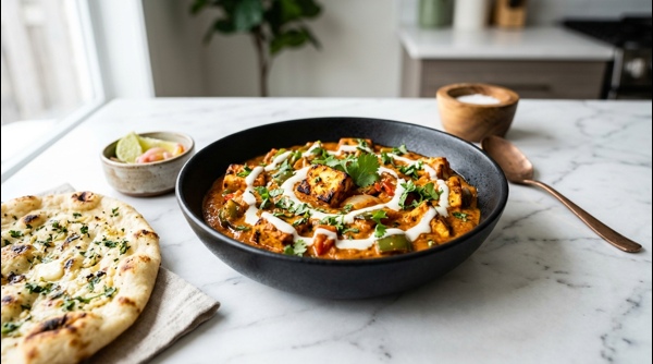 A premium bowl of Hotel Style Paneer Tikka Masala garnished with cream and coriander on a marble surface