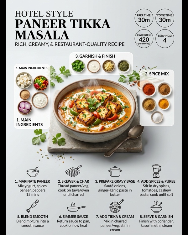 A premium bowl of Hotel Style Paneer Tikka Masala garnished with cream and coriander on a marble surface