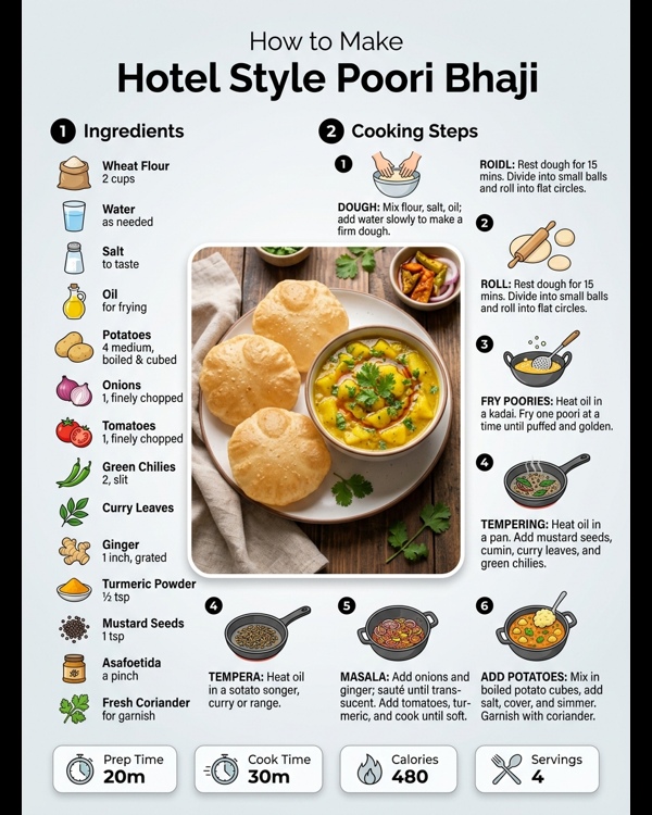 Golden puffed poories served with a thick yellow potato bhaji in a modern bowl Golden puffed poories served with a thick yellow potato bhaji in a modern bowl