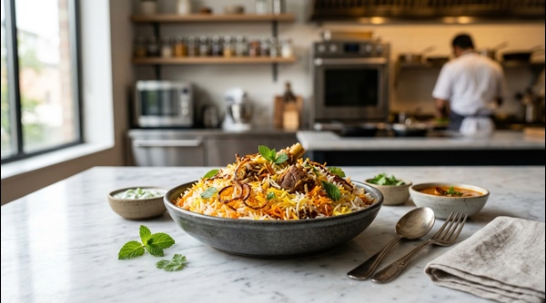 Traditional Hyderabadi Biryani served in a copper pot with saffron rice and garnish
