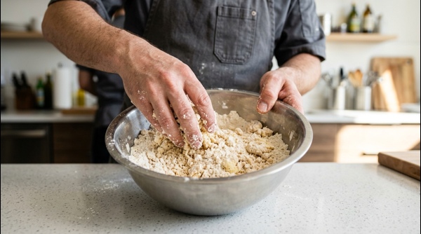 Close up shot of rubbing ghee into white flour in a modern stainless steel bowl